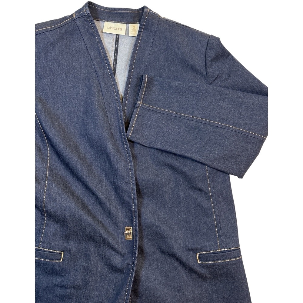 Chicos Denim Jacket Womens Size 2 Long Knee Length Dark Denim Gold Hardware Nice